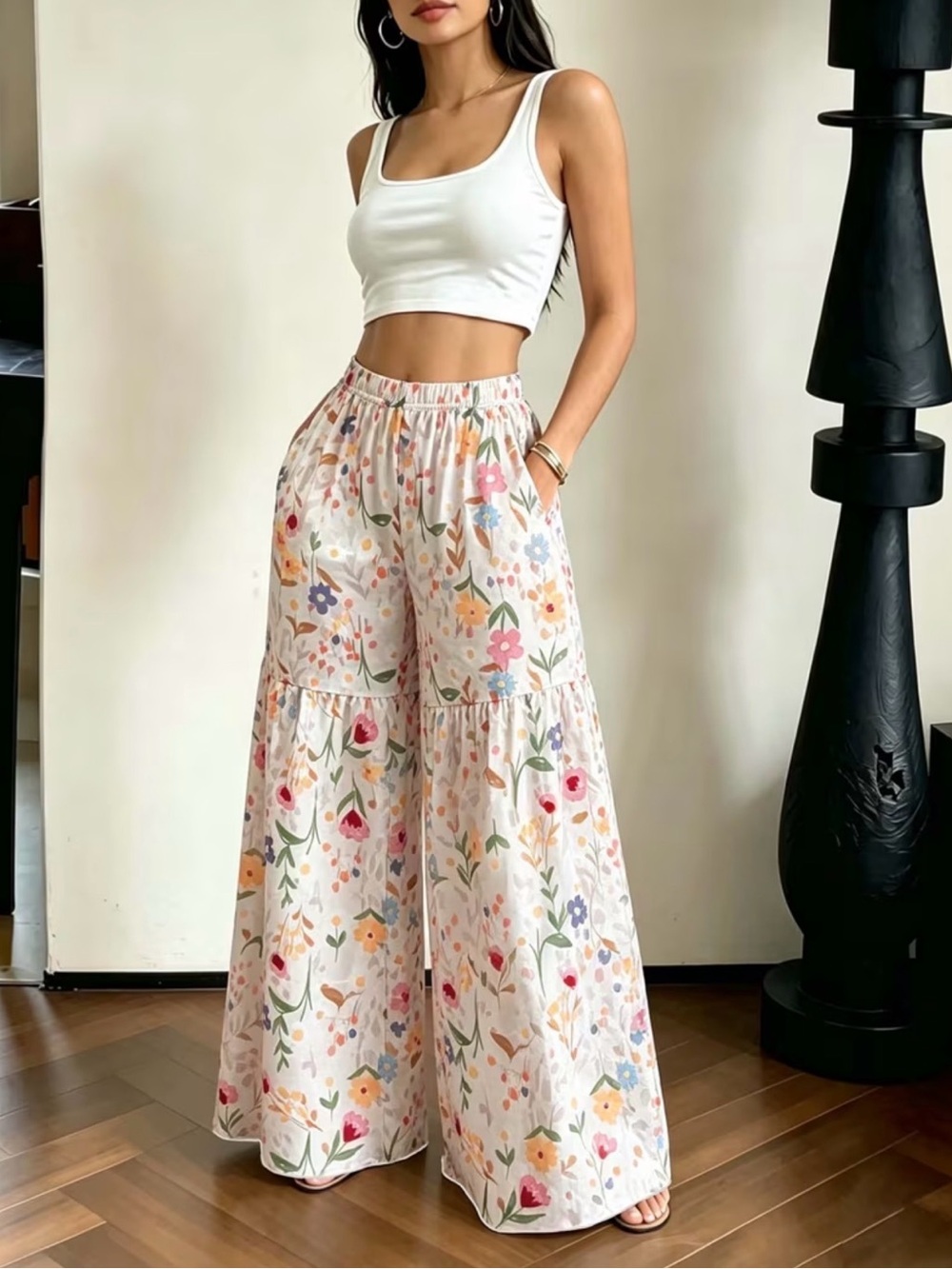 Floral Wide-Leg Palazzo Pants with Pockets - High Waist New Boutique - Picture 3 of 6